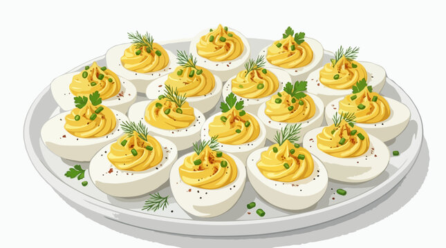 A white platter filled with freshly made deviled eggs, garnished with herbs and spices