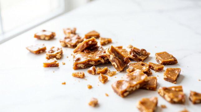 Toffee candy shattered pieces scattered on a white marble surface  