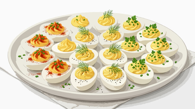 A platter filled with delectable deviled eggs, each uniquely garnished. Some are topped with a vibrant paprika-infused filling and sprinkled with chives.