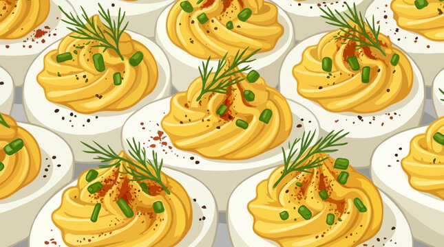 A close-up, overhead view of many deviled eggs arranged in rows, each topped with a swirl of yellow filling, garnished with fresh green herbs and a sprinkle of paprika.