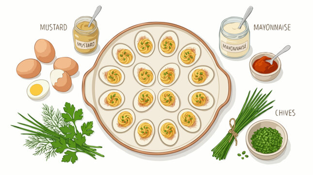 An overhead view of a platter of deviled eggs, surrounded by ingredients like mustard, mayonnaise, paprika, chives, and parsley. A few whole and halved eggs are also scattered around the platter.