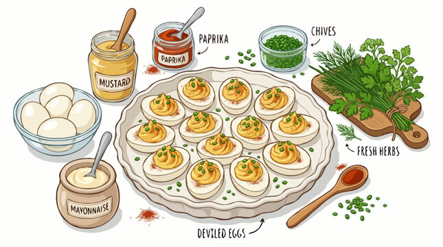 Deviled eggs recipe illustration with ingredients like mustard, mayonnaise, paprika, and fresh herbs. The platter is filled with perfectly arranged deviled eggs, garnished with chives and paprika