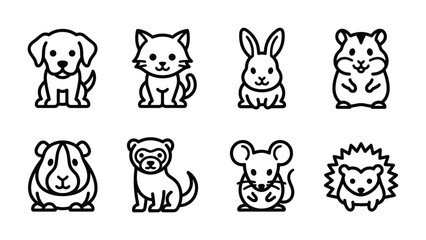 Obraz premium Cute Animal Icons: A delightful set of simple line art icons featuring various cute animals, including a dog, cat, rabbit, hamster, guinea pig, ferret, mouse, and hedgehog.