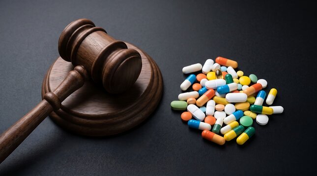 Wooden judge gavel and colorful medical pills on black background, pharmaceutical law and litigation concept, medical malpractice and drug regulation
