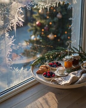 Cozy winter morning breakfast with coffee and fresh croissants by a frost covered window with christmas tree lights