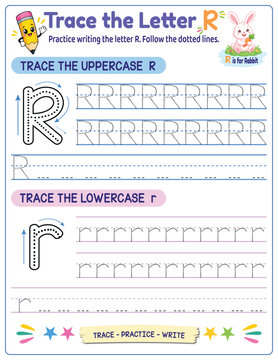 Comprehensive writing practice worksheet for kids learning to trace uppercase and lowercase letter R with easy instructions