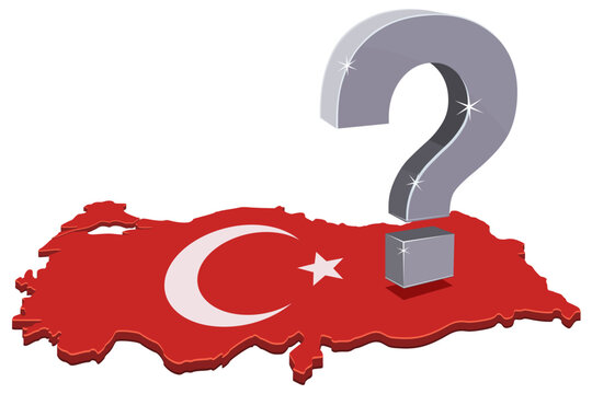 3D illustration symbolizing political doubts, future choices, and questions in Turkey, featuring a metallic question mark on the Turkish state territory map design (cut out)