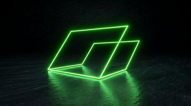 Bright neon green glowing rectangular wireframe structure floating above a dark, reflective, textured surface in a black void