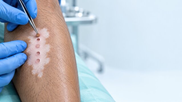 Dermatologist performing skin allergy patch test on patient&rsquo;s forearm with blue gloves and tools
