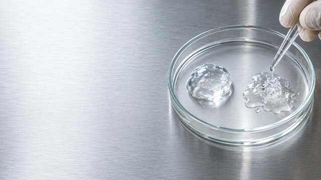 Transparent hydrogel samples in glass petri dish with pipette on brushed metallic surface in laboratory