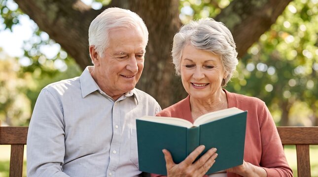 A happy elderly couple sitting on a park bench, sharing a book and enjoying each other's company outdoors on a sunny day.