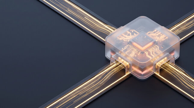 Isometric 3D render of frosted glass Hardware Security Module HSM encrypting glowing gold data streams through cryptographic tunnel rails on dark slate backdrop with copy space