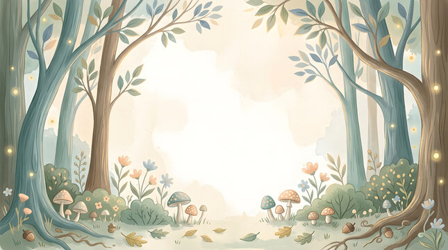 Whimsical watercolor forest illustration with glowing trees and mystical mushrooms perfect for enchanting backgrounds