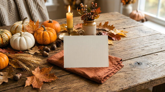 Autumn pumpkins and candles on rustic wooden table