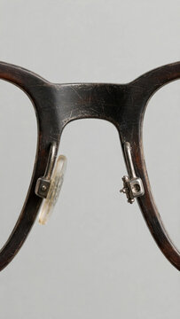 Close-up of worn eyeglasses with missing nose pad and scratches