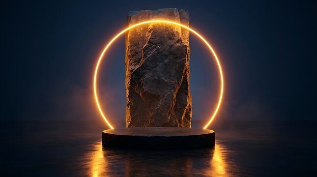 Dark stone pedestal with a glowing orange circular neon ring, rough rock monolith background, and reflective floor surface in a misty space