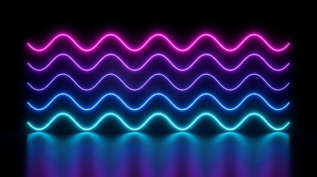 Five horizontal neon glowing wave lines with a color gradient from magenta to cyan, reflected on a dark surface against a black background