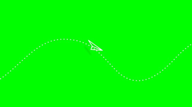 White paper planes flying along wavy dashed paths on green screen