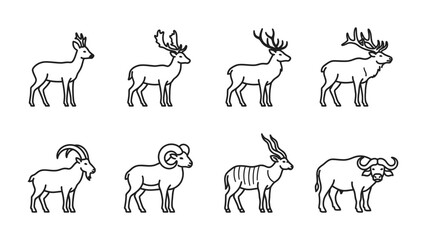 Fototapeta premium Set of Wildlife Icons: A collection of stylized line art icons depicts various wild animals, including different species of deer, a goat, a ram, an antelope, and a buffalo, each rendered with simple.