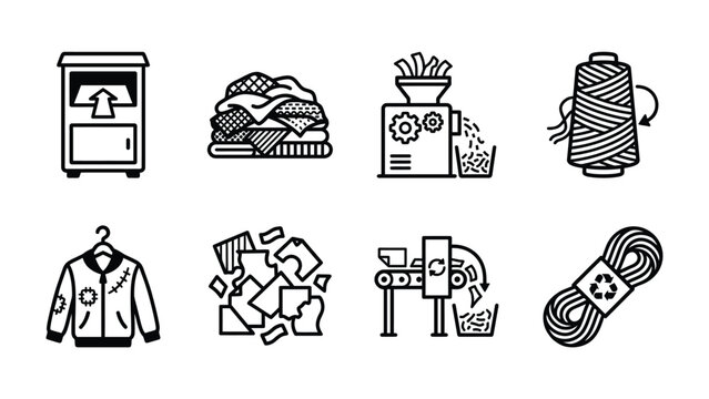 Textile Recycling Process Icons: A set of simple black and white line icons illustrating the process of textile recycling, from collection and sorting to shredding and re-spinning.