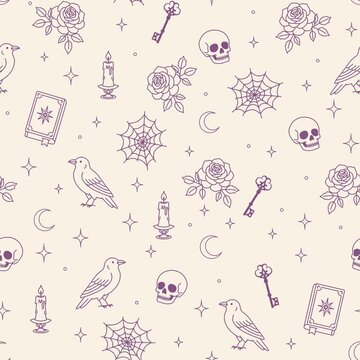 Animated Vintage Gothic Halloween Seamless Pattern Purple Outline with Raven Skull Rose Candle Spell Book Web and Vintage Key on Cream Background, Diagonal Scrolling Motion