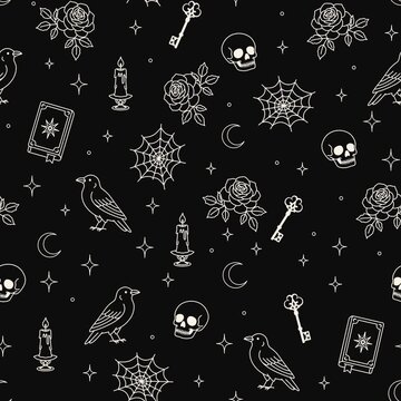 Animated Vintage Gothic Halloween Seamless Pattern White Outline with Raven Skull Rose Candle Spell Book Web and Vintage Key on Black Background, Diagonal Scrolling Motion