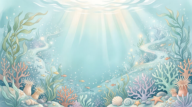 Enchanting underwater world background with vivid coral, seaweed, and sunbeams in a peaceful blue ocean