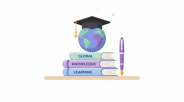 Graduation cap on global knowledge books with pen
