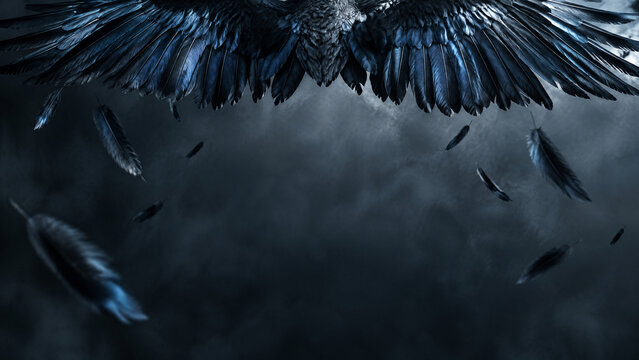 Dramatic dark raven wings flapping in cloudy sky, majestic black bird feathers falling in dark atmospheric background