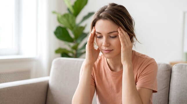 A young woman is sitting on a couch with her eyes closed and her hands on her temples, appearing to be experiencing a headache or stress.