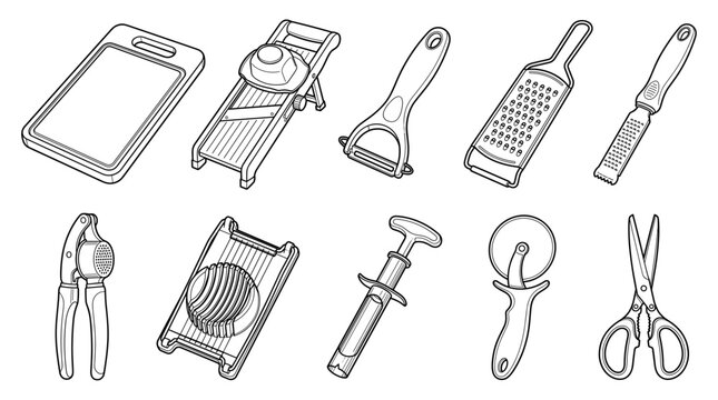 Kitchen cutting tools with board slicer peeler grater set line drawing vector designs