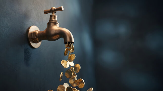 Gold coins pouring from a brass faucet on a dark wall, symbolizing wealth flow and passive income.