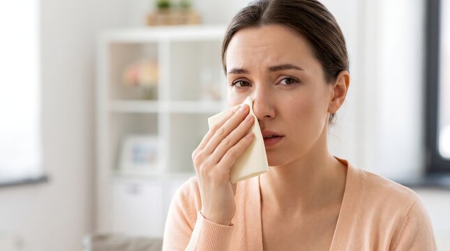 A young woman is crying and wiping her tears with a tissue, looking distressed.