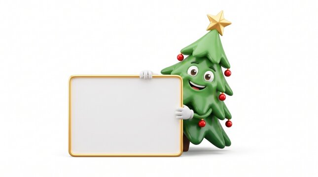 Cute 3D cartoon Christmas tree peeking over blank white sign with gold border and star for festive holiday greeting