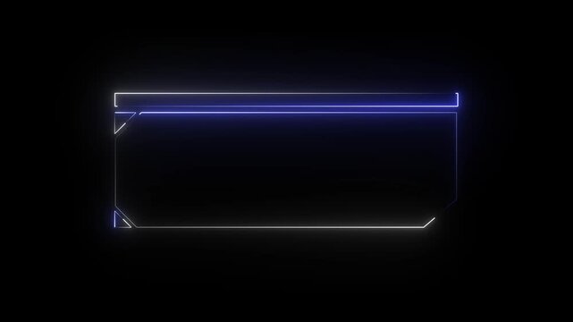 Neon frame elements trace blue and white glowing lines across dark displays. Motion graphics production packages incorporate this neon frame asset. Digital neon frame borders glow.4k animation video