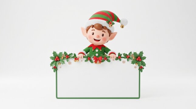Cute 3D cartoon elf peeking over blank white sign with green border and holly branches for Christmas holiday greeting