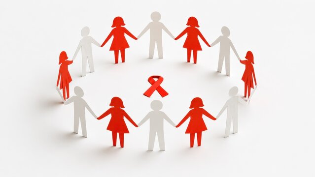 Diverse community holding hands around red HIV ribbon for AIDS support and social solidarity