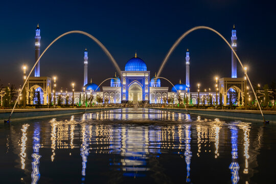 Memorial Complex of Imam al-Bukhari illuminated at night, Samarkand, Uzbekistan