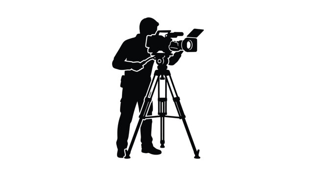 Professional cameraman recording video content with a tripod mounted camera in a black silhouette