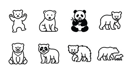 Cute Bear Icons: A collection of charming, minimalist line art icons depicting various bear species, including polar bear cubs and pandas, in different playful poses. © Md