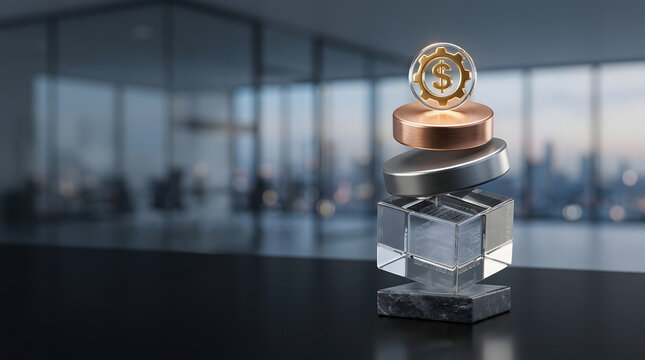 Conceptual stack of geometric shapes and golden gear with dollar sign in modern office, representing financial growth, investment success, and business stability.