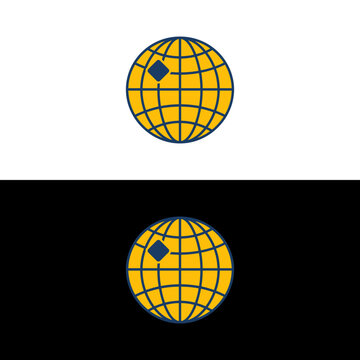 Minimalist yellow globe icon with blue grid lines and diamond marker.