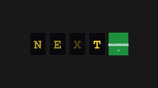 Next boarding flip board animation, airport departure information sign, travel announcement motion 4k