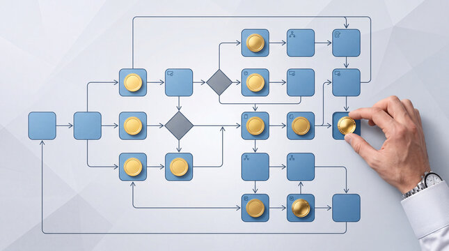 Professional business flowchart illustrating financial strategy and cash flow management with golden coins and a hand organizing a systematic banking process.