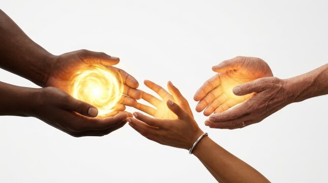 Diverse hands holding a glowing light of hope and unity