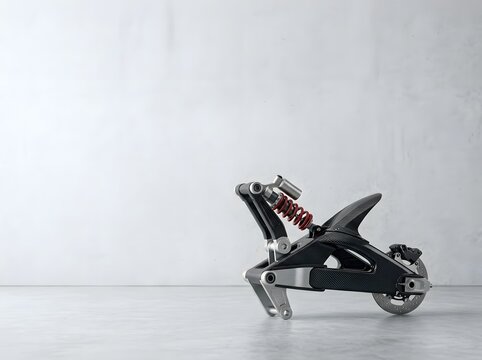 High performance motorcycle rear suspension featuring carbon fiber swingarm, red coil spring shock absorber, and ventilated disc brake assembly against a neutral concrete studio wall.