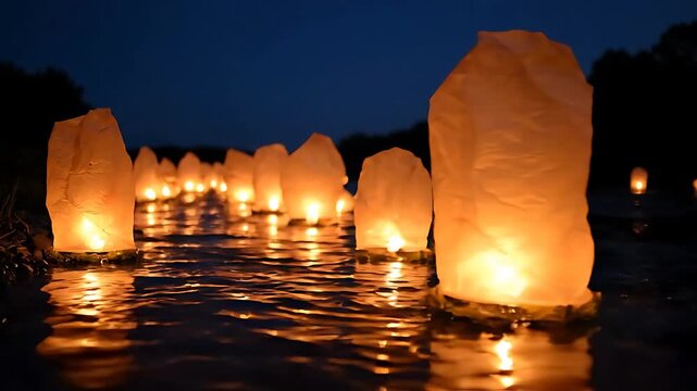 Glowing Lanterns Floating on Water at Night, Gently Moving Across a Dark Lake with Soft Light Reflections. and Floating Lanterns