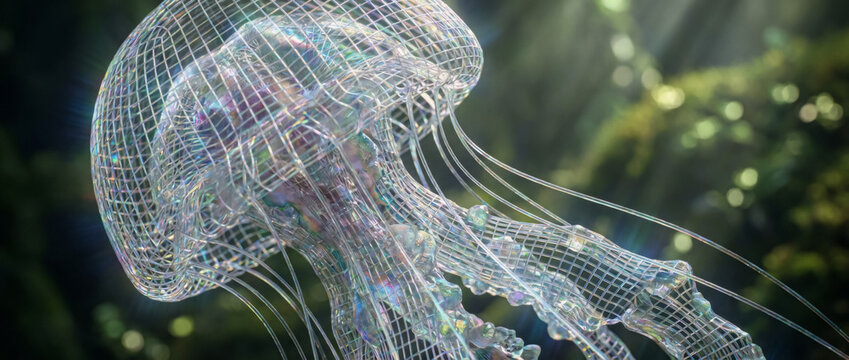Digital wireframe jellyfish illustration with holographic texture