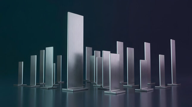 Industrial Steel Profiles, Rising Growth Sequence Polished Brushed Texture, Various Heights T-Shape Structural Components, Dark Studio Backdrop Lighting, High Quality 3D Render For Finance Reports