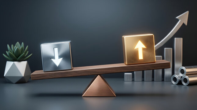 Financial balance concept with gold up arrow and silver down arrow on seesaw, featuring growth graph and 3D metallic elements.